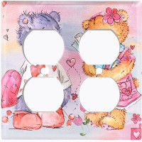 WorldAcc Metal Light Switch Plate Outlet Cover (Two Teddy Bears Love Heart Pink - Double Duplex)