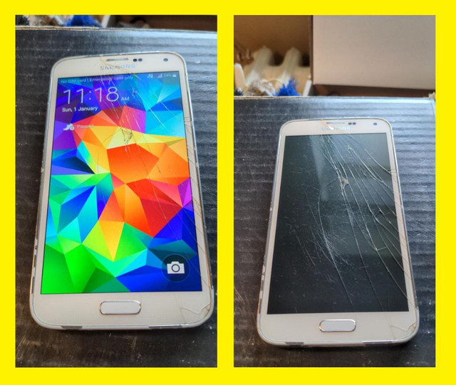 100% FONCTIONELLE CRACKED GLASS VITRE FISSUREE SAMSUNG GALAXY S5 SM-G90W8 UNLOCKED/DEBLOQUE ANDROID WIFI TELEPHONE FIDO in Cell Phones in City of Montréal