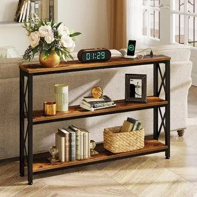 17 Stories 47” Sofa Table With Charging Station, 3 Tier Narrow Console Table With Storage Shelf And Power Outlet