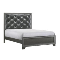 Benjara Kay Queen Bed, Faux Diamond Tufted, Grey Upholstery, Silver Trim, Wood
