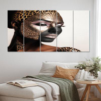 Mercer41 Bohemain Model With Leopard Pattern - Fashion Woman Wall Decor - 5 Equal Panels