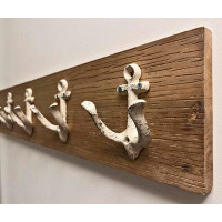 Bay Isle Home™ Rustic Wooden Wall Rack With 4 Solid Cast Iron Anchor Hooks