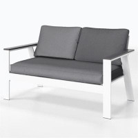 Latitude Run® Small Patio Dual Reclining Sofa Grey Aluminum Outdoor Couch With Wod Grain Arm