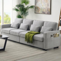 Latitude Run® Linen Fabric Sofa with Armrest Pockets and 4 Pillows