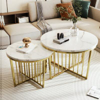 Mercer41 Modern Round Nesting Coffee Table Set 2-Piece White & Marbling Top Gold Base