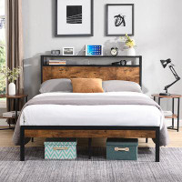 17 Stories King Size Metal Platform Bed Frame With Wooden Headboard And Footboard With USB LINER