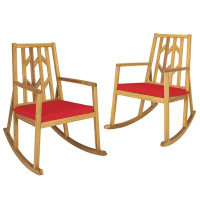 Foundry Select Foundry Select Set Of 2 Outdoor Acacia Wood Rocking Chair Wooden Patio Rocker W/ Red Cushion
