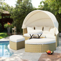 Latitude Run® Pe Rattan Daybed Versatile Outdoor Sectional Sofa Set With Retractable Canopy And Adjustable Table
