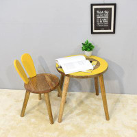 Zoomie Kids Handmade 100% Mango Wood Kids Round Shaped Rabbit Theme Indoor Table & Chair