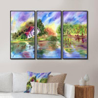 Winston Porter Vibrant And Poetic Landscape, A House River, Trees - Country Framed Canvas Wall Art Set Of 3