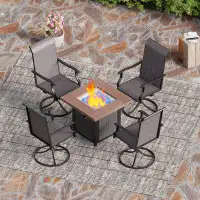 Lark Manor Alyah 5 Pieces Patio Swivel Rattan Chair and Fire Pit Table Set