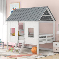 Harper Orchard Twin Size Low Loft House Bed With Roof And Two Front Windows