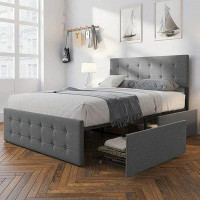Red Barrel Studio Full Platform Bed Frame With Headboard And 4 Drawers Storage, Button Upholstered Mattress Foundation W