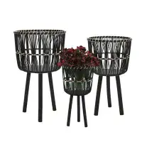 George Oliver Set Of 3 Bamboo Planter Pots On Tripod Stands, Indoor And Outdoor, Black- Comes In 3 Different Sizes