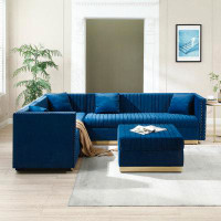 Everly Quinn "modern Velvet Sectional Sofa With Ottoman And Pillows, Blue"