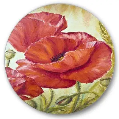 East Urban Home Blossoming Poppies In Wheat Fields I - Traditional Metal Circle Wall Art