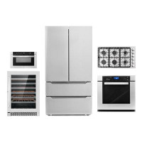 Cosmo 5 Piece Kitchen Package With 36" Gas Cooktop 24" 48 Bottle Single Zone Freestanding Wine Refrigerator 30" Single E