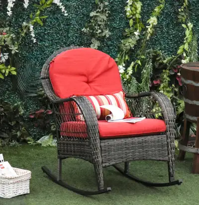 Outdoor PE Rattan Wicker Rocking Chair for Garden Patio Backyard w/ Cushions - Red & Brown