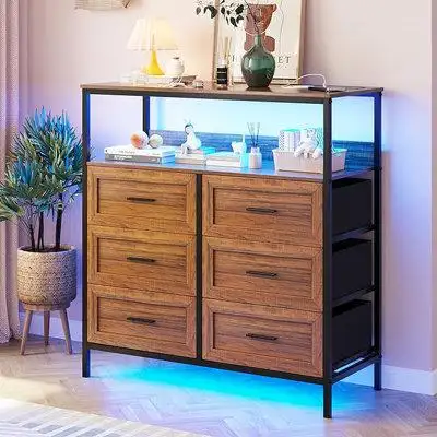 Wrought Studio Dresser With 6 Drawers, 2-tier Shelves Sofa Table, Dresser Tv Stand With Led Lights And Charging Station,