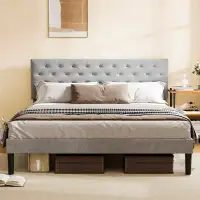 Winston Porter Queen Size Grey Bed Frame, Adjustable Headboard