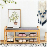 Hokku Designs Entryway 3-Tier Bamboo Shoe Rack Bench With Cushion