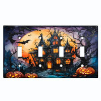 WorldAcc Metal Light Switch Plate Outlet Cover (Halloween Spooky Pumpkin Manor - Quadruple Toggle)