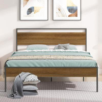 17 Stories Queen Size Metal Bed Frame with Wood Headboard and Footboard
