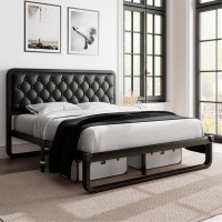 Winston Porter Winston Porter Queen Bed Frame, Upholstered Platform Bed Frame With Heavy-Duty Steel Slats, Diamond Tufte