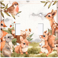 WorldAcc Metal Light Switch Plate Outlet Cover (Animal Deer Rabbit Squirrel Friends White Leaves  - Single Toggle)