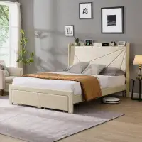 Ebern Designs 2 Storage Drawers, Upholstered Bed Frame With Wingback Headboard Storage Shelf