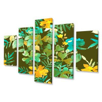 Design Art Yellow And Green Tropical Plants On Dark Green - Patterned Canvas Wall Art Print - 60X32 - 5 Panels