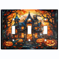 WorldAcc Metal Light Switch Plate Outlet Cover (Halloween Spooky Pumpkin Manor House - Triple Toggle)