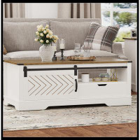 Latitude Run® Modern Small Coffee Table White Wood Living Room Sofa Side End Tables With Barn Door Drawer Storage