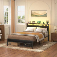 Wrought Studio Jaquaya Bed Frame with LED Lights and USB Ports, Metal Frame with Headboard and Storage