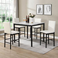 Latitude Run® 5Pc White Counter Height Dining Set White Faux Marble Top Table And 4X Brown Counter Height Chairs Metal F