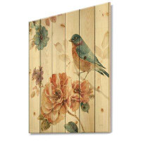 Made in Canada - East Urban Home Cottage Bird on Orange Flower Twig - Traditional Print on Natural Pine Wood