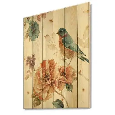 Made in Canada - East Urban Home Cottage Bird on Orange Flower Twig - Traditional Print on Natural Pine Wood