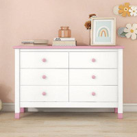 Red Barrel Studio Wooden Storage Dresser With 6 Drawers,Storage Cabinet For Kids Bedroom,White+Pink