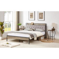 17 Stories Full Size Bed Frame With Charging Station - Grey, 87.8'' L X 61.8'' W X 39.2'' H