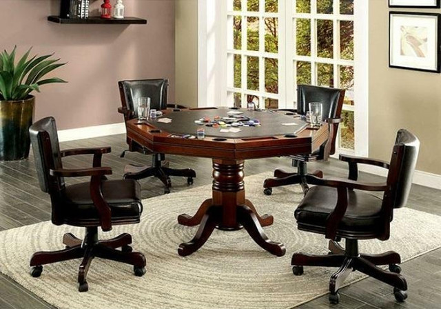 Furniture of America 48 inch Rowan 5 Piece Inter-Changeable Poker/Game/Dining Table + 4 Chairs in Cherry - Pedestal Base in Toys & Games