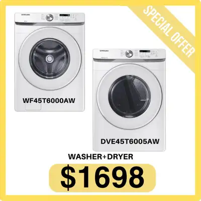 Complete Your Laundry Room with Samsung WF45T6000AW Washer and DVE45T6005AW Dryer Set! Discover conv...