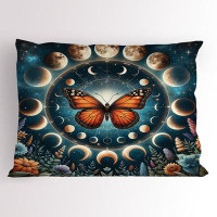 Ambesonne Ambesonne Aesthetic Pillow Sham Moon Monarch Butterfly Orange Dark Petrol Blue