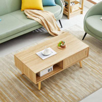 George Oliver 41.34" Rattan Coffee Table, Sliding Door For Storage, Solid Wood Legs, Modern Table  For Living Room