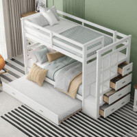 COOSEON Twin Over Twin Bunk Bed With Trundle And Staircase,White