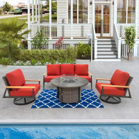 Latitude Run® Quaniqua 4-Piece Wicker Patio Fire Pit Seating Set with Sunbrella Canvas Terracotta Cushions Round