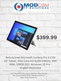 Microsoft Surface Pro 4 1724 12-inch Tablet Laptop, Intel Core m3-6y30 0.9GHz, 4GB RAM, 128GB SSD, Windows 10 Pro