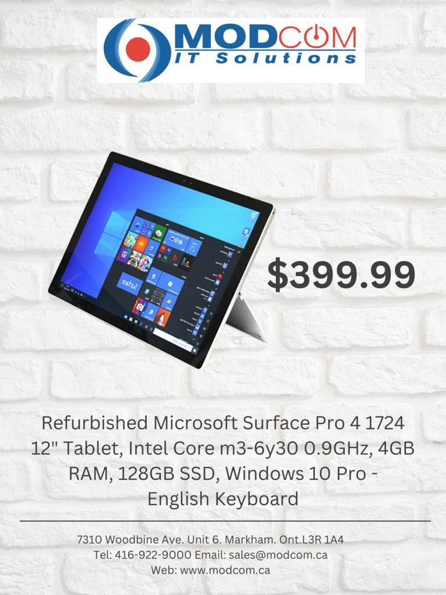 Microsoft Surface Pro 4 1724 12-inch Tablet Laptop, Intel Core m3-6y30 0.9GHz, 4GB RAM, 128GB SSD, Windows 10 Pro in Laptops