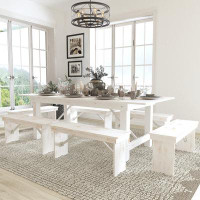 Flash Furniture Hercules Series 8' X 40" Antique Rustic White Folding Farm Table And Six Bench Set
