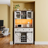 Gracie Oaks 72" Coffee Wine Bar Cabinet With Sliding Barn Door & Led Lights, Sideboard Buffet Cabinet With Wine Bottle R