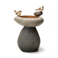 Millwood Pines 20.75"H Zen-Style Faux Stone Texture Birdbath Polyresin Outdoor Fountain With Birds, Pump And LED Light